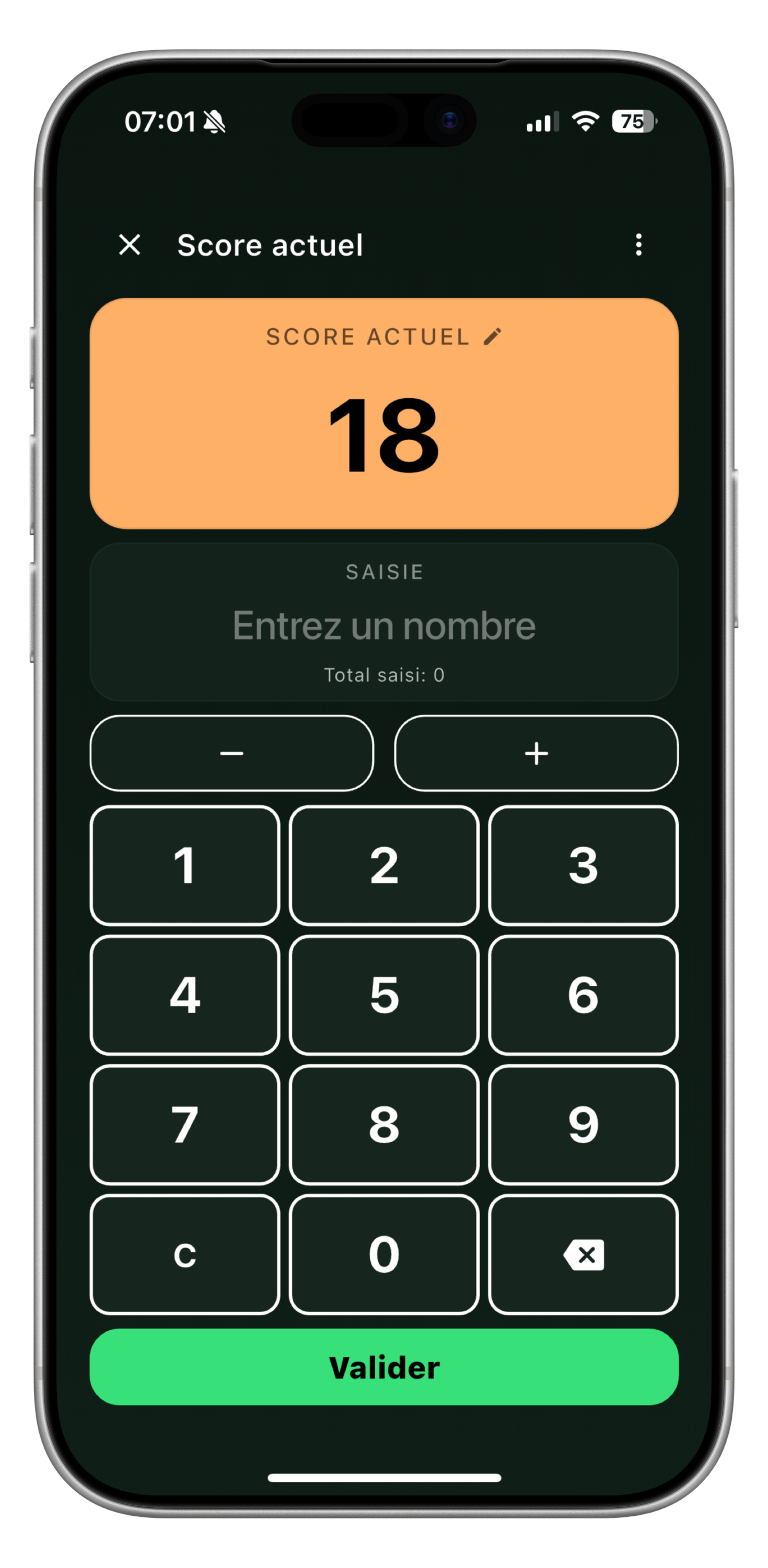OuiScore app showing game setup with customizable player layout